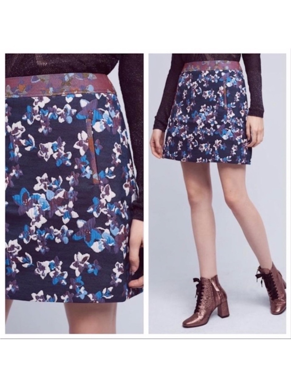 Maeve Anthropologie Navy Floral A-Line Skirt Size 4